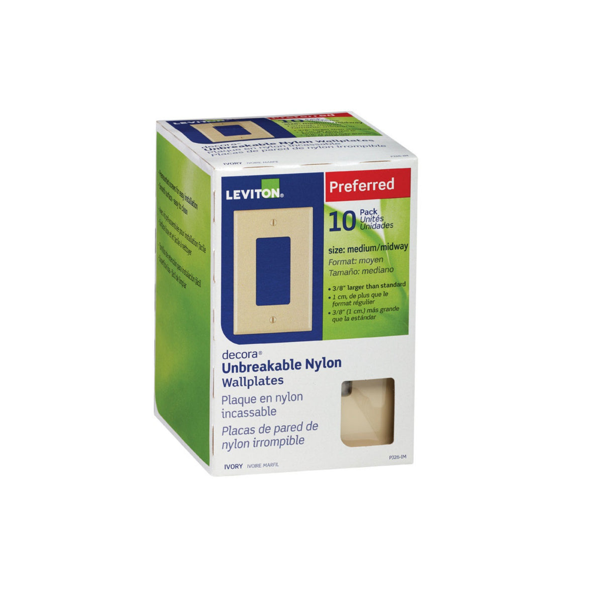 Leviton PJ26-IM Decora Midsize Wall Plates, 1 Gang, Ivory