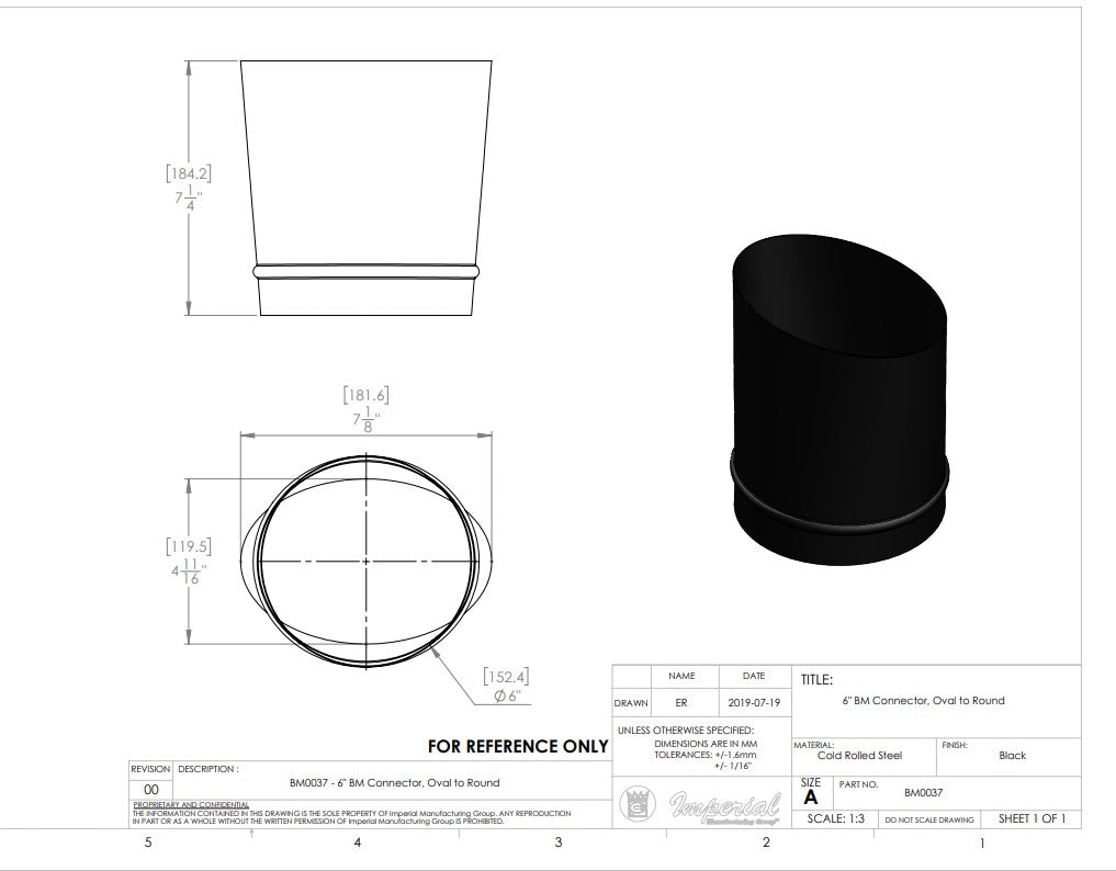 Imperial BM0037 Oval To Round Connector, Black, 24 Gauge, 6" Dia