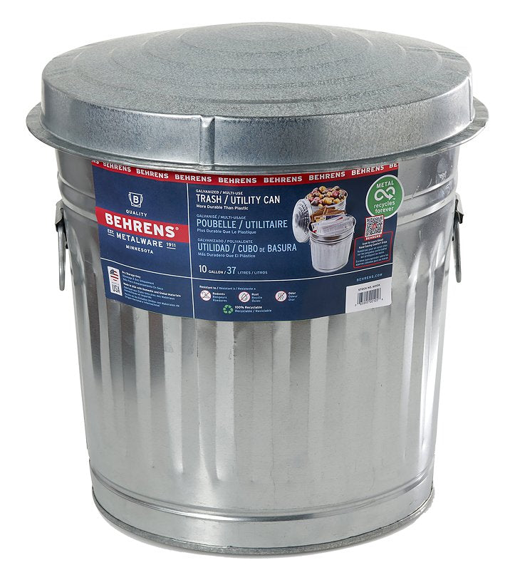 Behrens 6210 Utility Steel Trash Can With Lid, 10 Gallons
