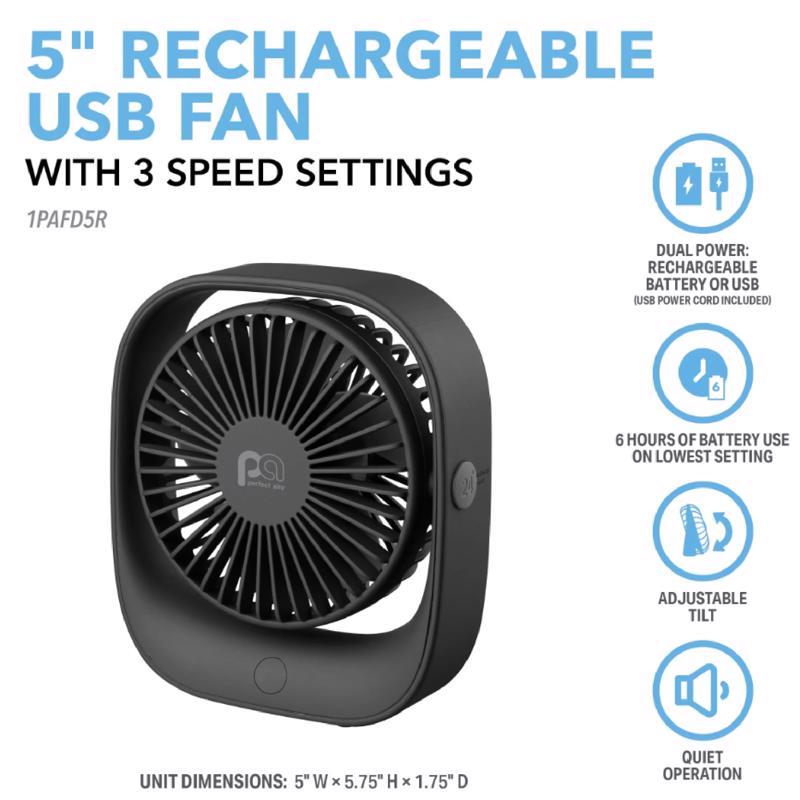 Perfect Aire 1PAFD5R Rechargeable USB Fan, Black