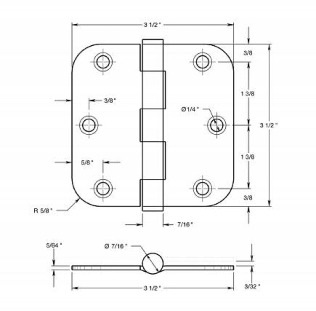 Deltana SS35R5U32D-R Full Mortise Door Hinge, Satin Stainless Steel, 3-1/2" x 5/8"