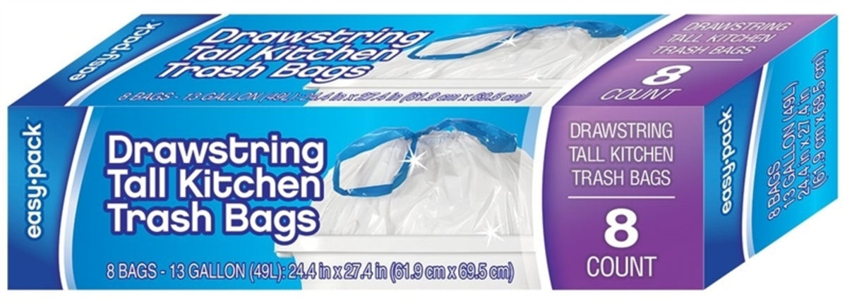 FLP 1318 Easy-Pack Drawstring Tall Kitchen Trash Bag, 13 Gallon