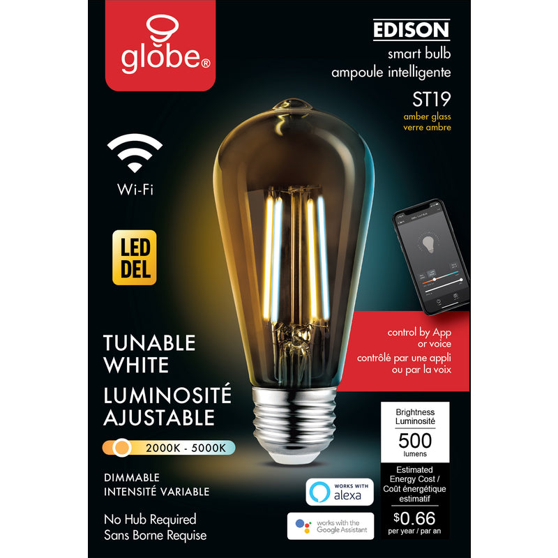 Globe 34919 Edison ST19 Smart WiFi LED Bulb, 5000 K