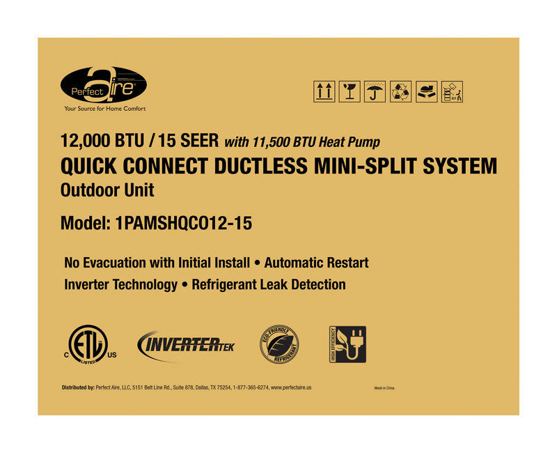 Perfect Aire 1PAMSHQC12-15 Ductless Mini Split Air Conditioner, 12000 BTU