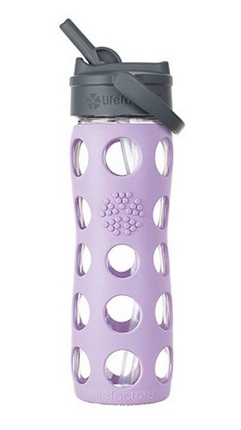 Lifefactory 224040 Glass Water Bottle with Straw Cap, 16 Oz, Lilac