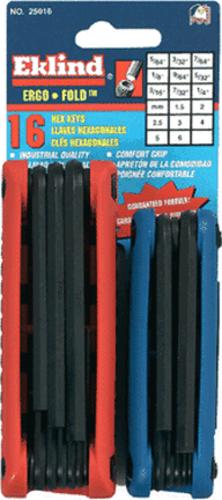 Eklind 25016 Metric And SAE Fold-Up Hex Key Set, Multi-Size, 16 Pc/Pk