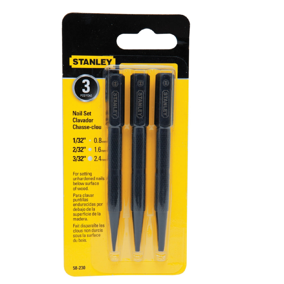 Stanley 58-230 Steel Nail Set, Black, 3 Piece