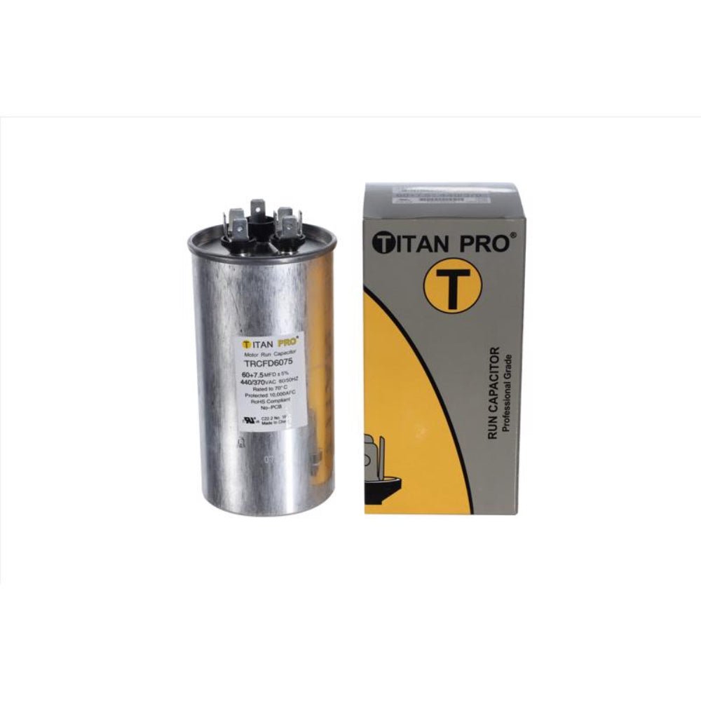 Titan Pro TRCFD6075 60+7.5 MFD Round Run Capacitor, Aluminum
