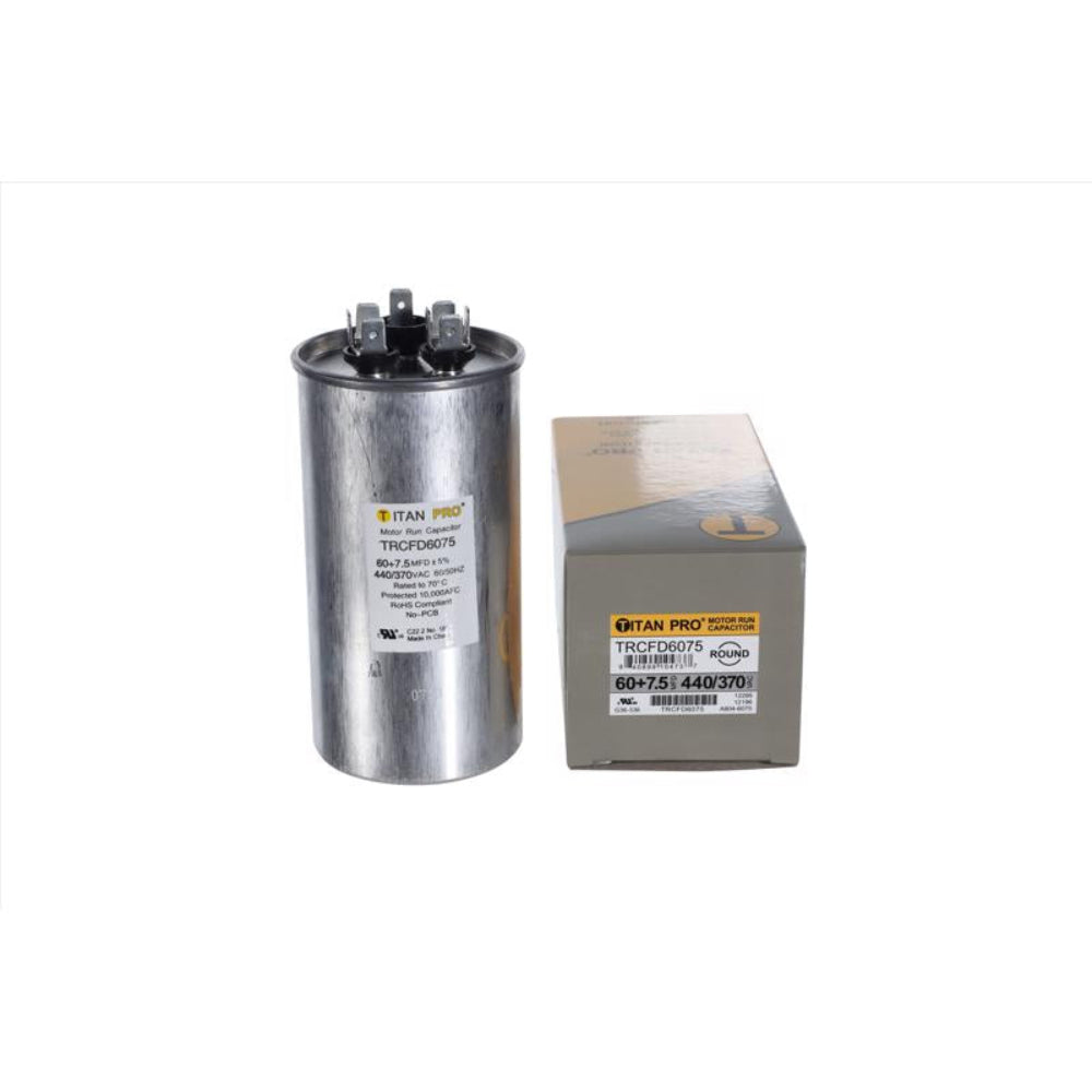 Titan Pro TRCFD6075 60+7.5 MFD Round Run Capacitor, Aluminum