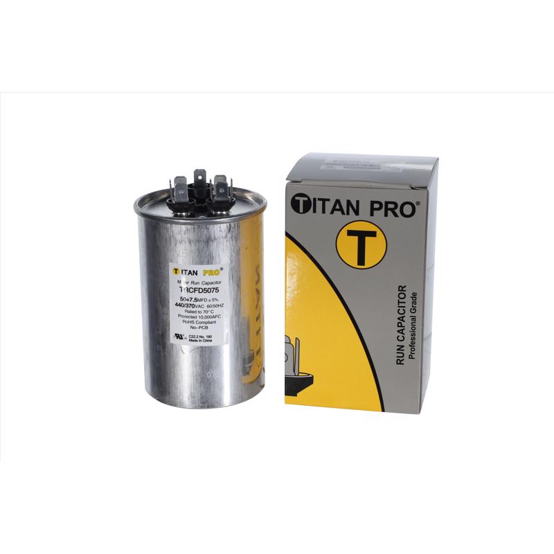 Titan Pro TRCFD5075 50+7.5 MFD Round Run Capacitor, Aluminum