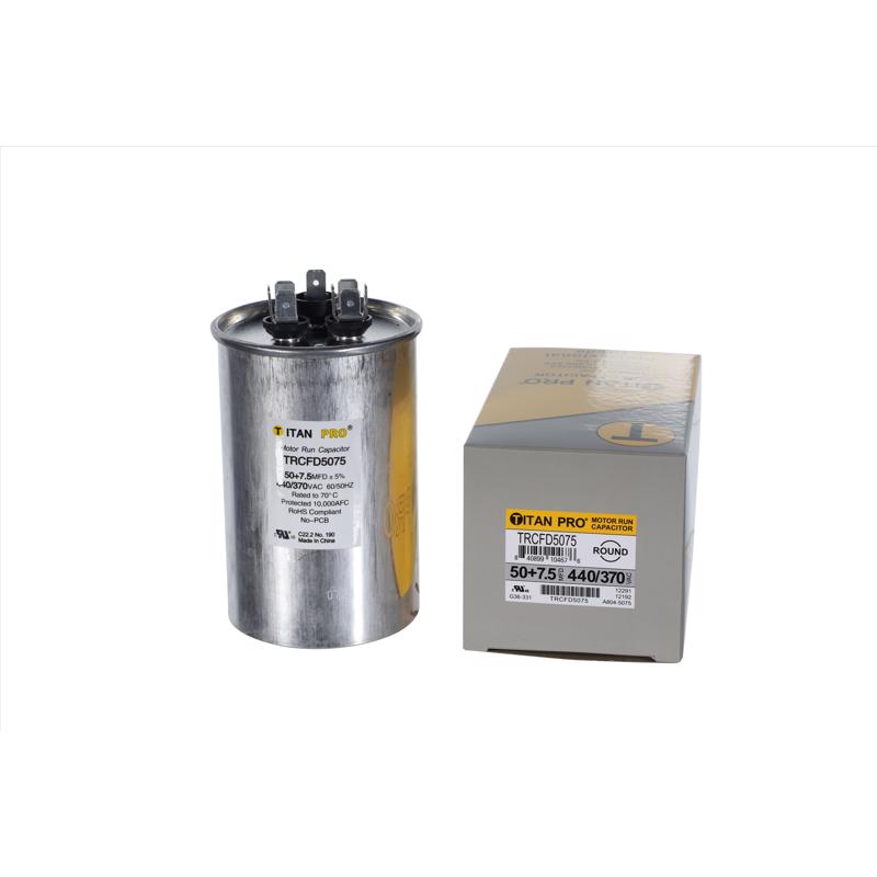 Titan Pro TRCFD5075 50+7.5 MFD Round Run Capacitor, Aluminum