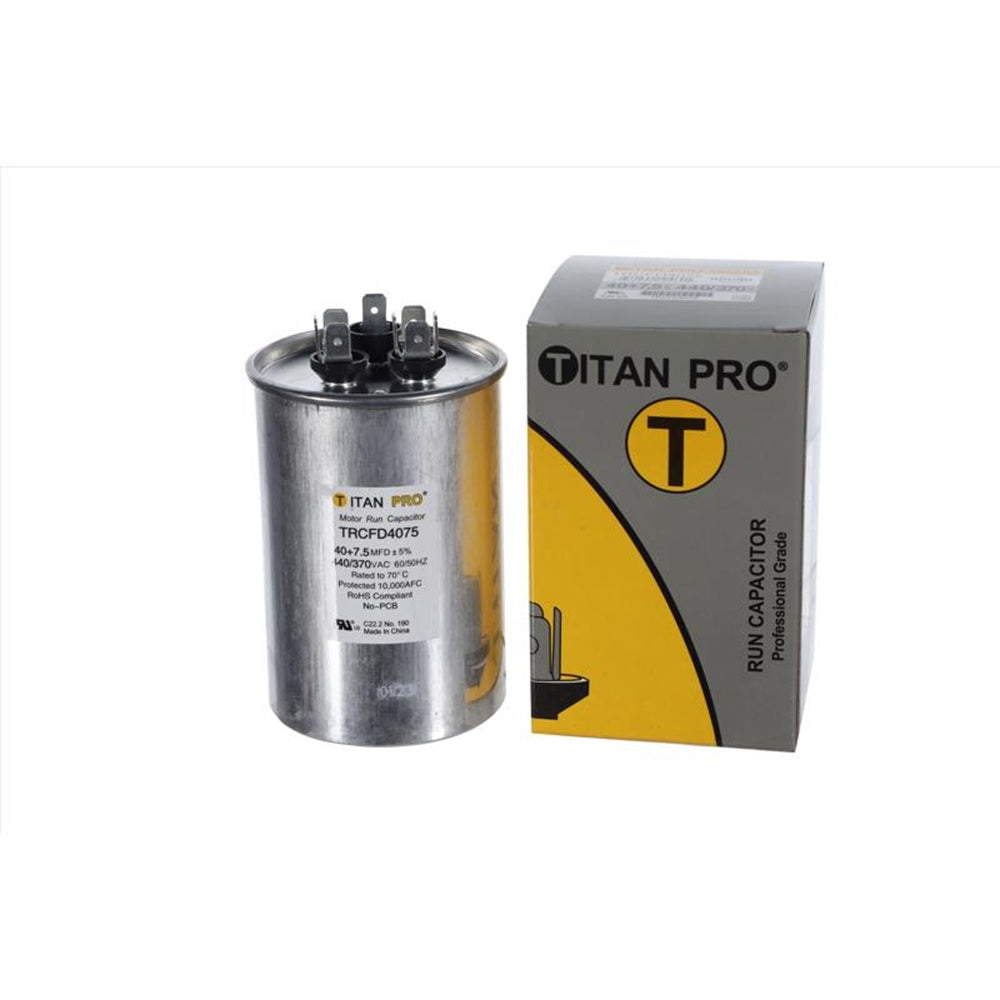 Titan Pro TRCFD4075 40+7.5 MFD Round Run Capacitor, Aluminum