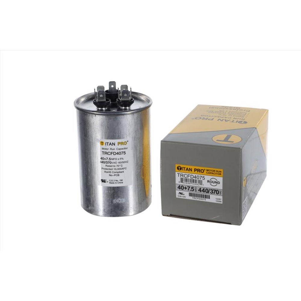 Titan Pro TRCFD4075 40+7.5 MFD Round Run Capacitor, Aluminum