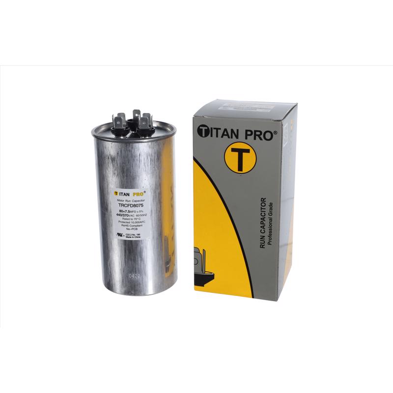 Titan Pro TRCFD8075 80+7.5 MFD Round Run Capacitor, Aluminum