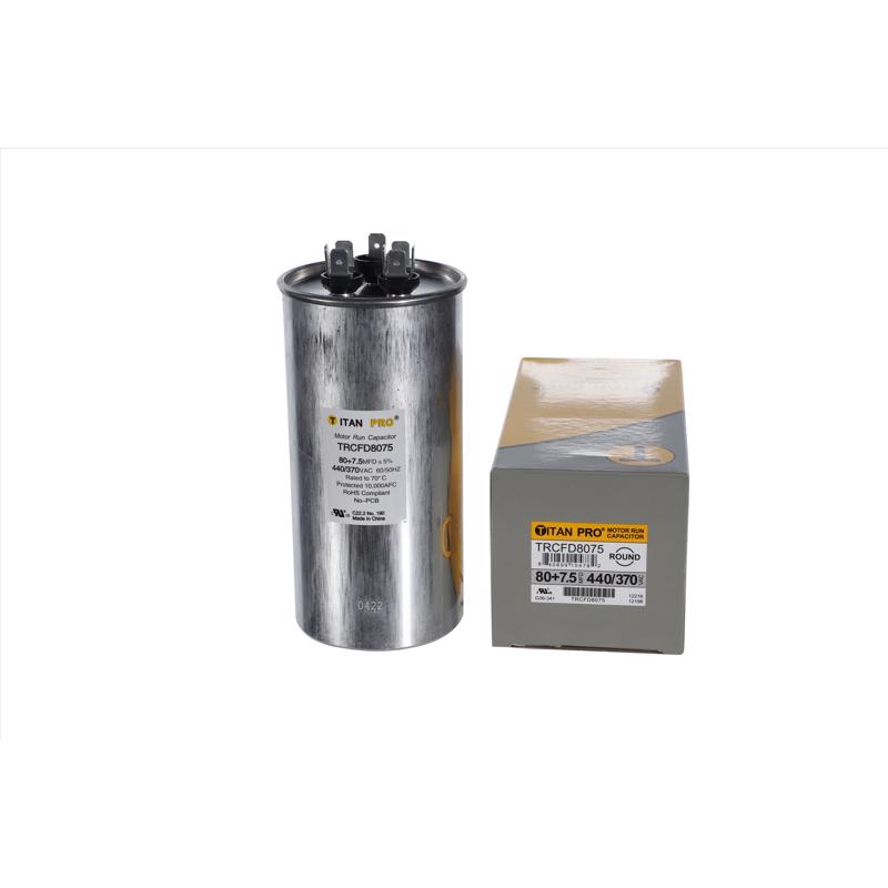 Titan Pro TRCFD8075 80+7.5 MFD Round Run Capacitor, Aluminum