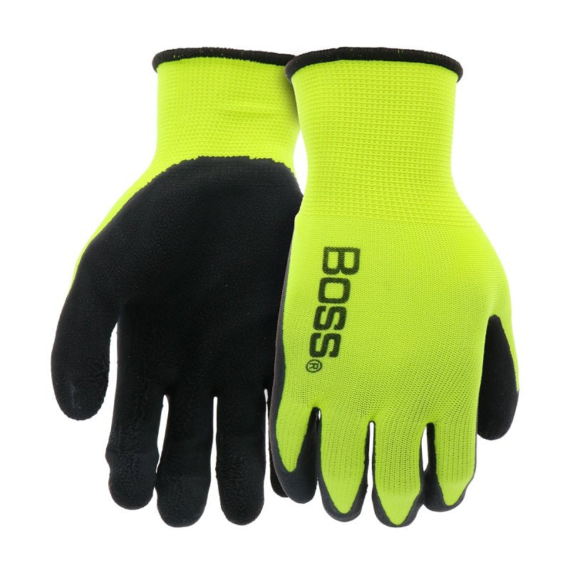 Boss B31282-S Coated Gloves, S, Knit Wrist Cuff, Latex Coating, Polyester, Black/Hi-Viz Yellow