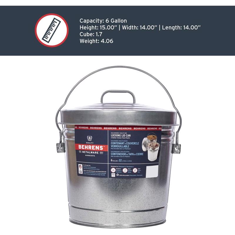 Behrens 6106 Galvanized Steel Locking Lid Can, 6 Gallon