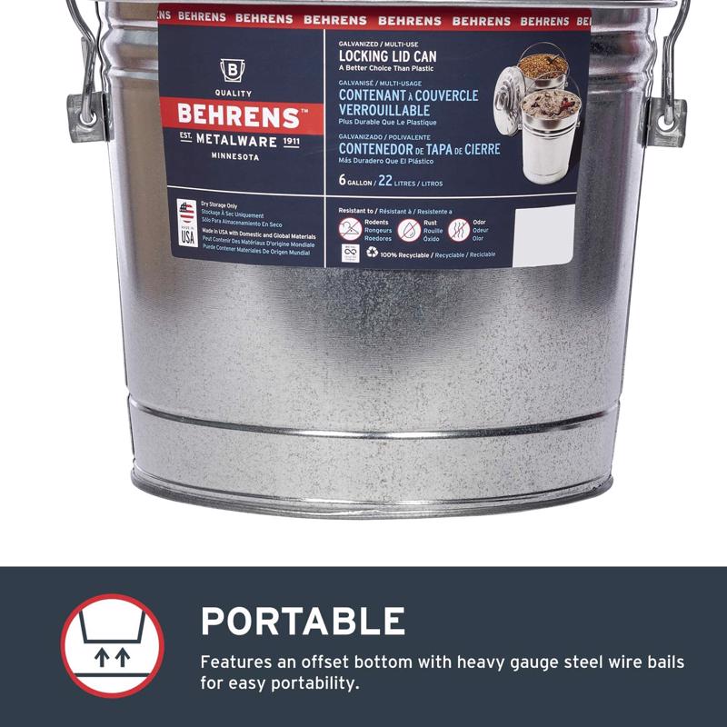 Behrens 6106 Galvanized Steel Locking Lid Can, 6 Gallon