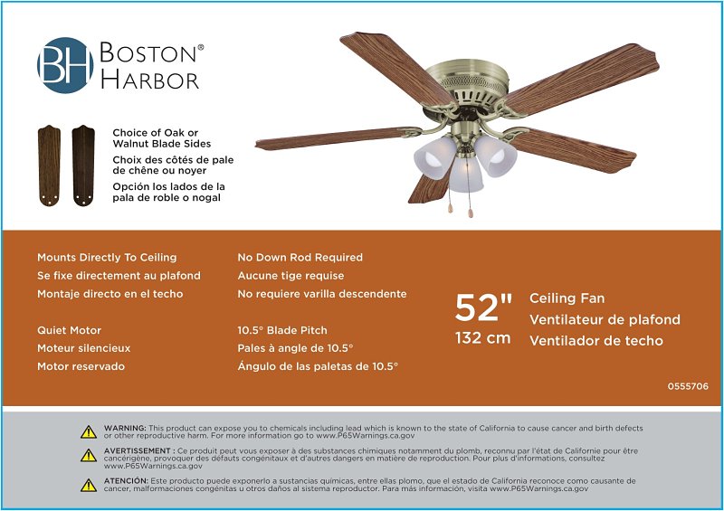 Boston Harbor CF-78049L Ceiling Fan Light Kit, 5-Blade, Brushed Nickle Housing, 52 in Sweep, MDF Blade, 3-Speed