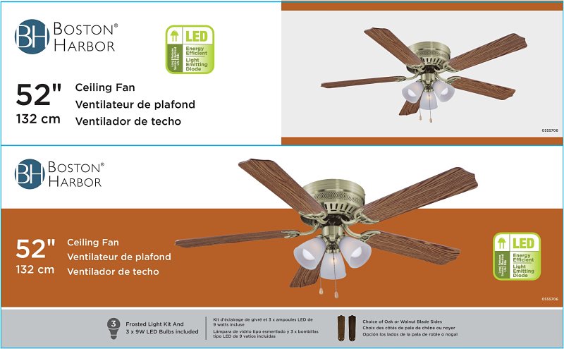 Boston Harbor CF-78049L Ceiling Fan Light Kit, 5-Blade, Brushed Nickle Housing, 52 in Sweep, MDF Blade, 3-Speed