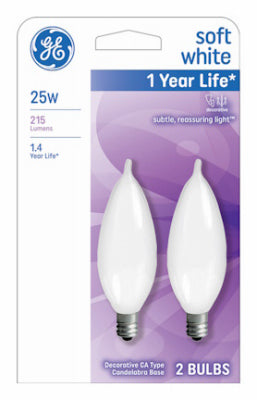 GE Lighting 66105 25W Decorative Candle Bulb, CA10, E12 Candelabra Base, Frosted, 2-Pack