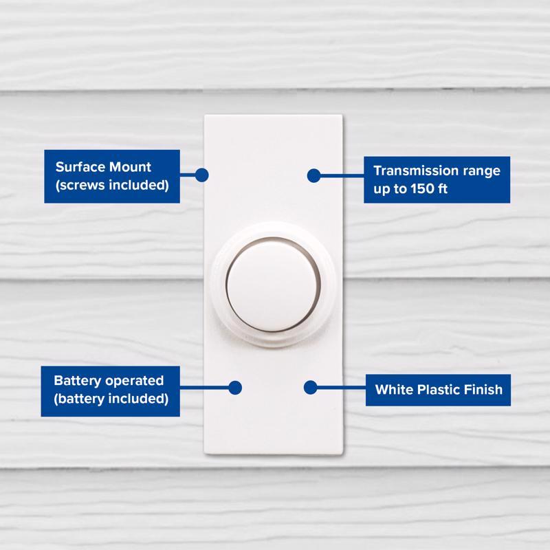 Heath Zenith 18000126 White Plastic Wireless Pushbutton Doorbell