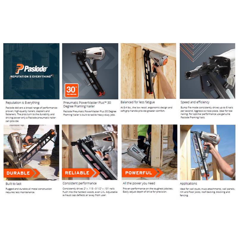 Paslode 501000 F350S PowerMaster Plus 30° Pneumatic Framing Nailer, Paper Tape, 2" to 3-1/2"