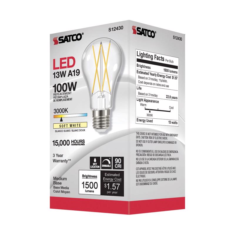 Satco S12430 (Medium) Filament LED A19 E26 Bulb Soft White, 13 Watts, 120 Volt