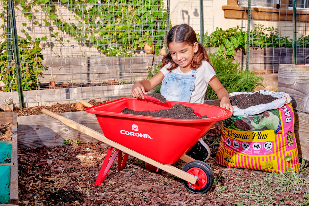 Corona Kids Red Poly Wheelbarrow with Wood Handles