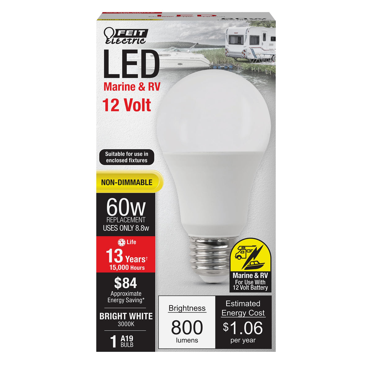 Feit Electric 10.5W A19 12V Marine & RV LED Light Bulb