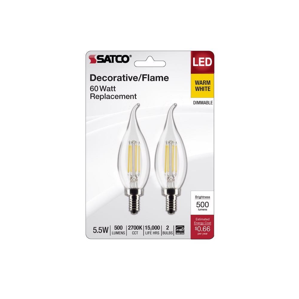 Satco CA10 (Flame Tip) E12 (Candelabra) Filament LED Bulb Warm White 60 Watt Equivalence 2 pk