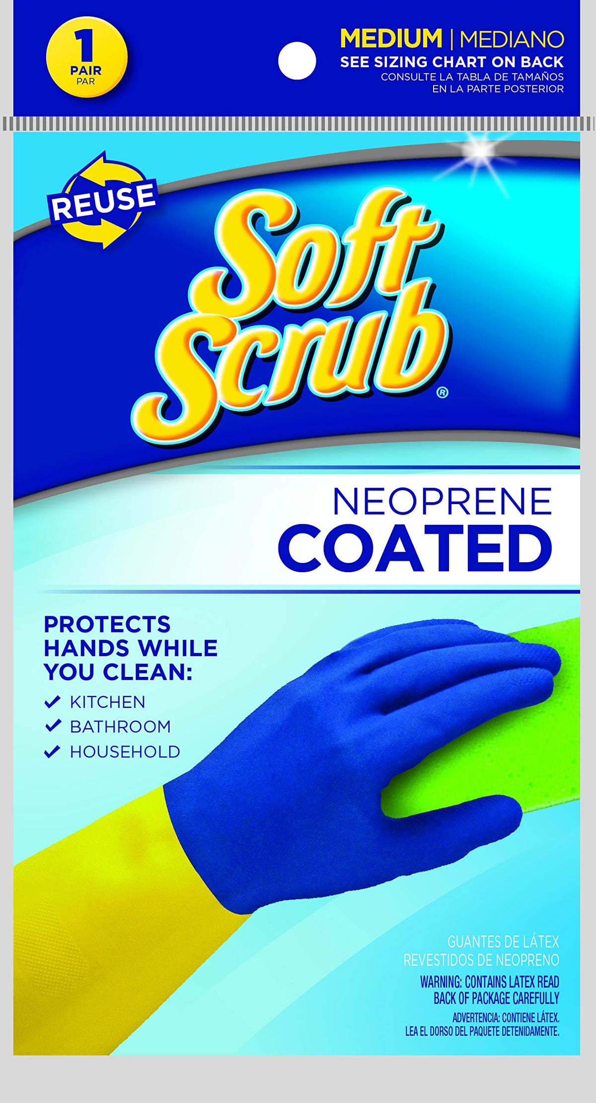 Spontex Neoprene Coated Reusable Latex Household Gloves, Large, Blue