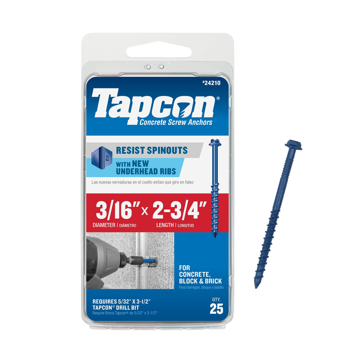 Tapcon 3/16 in. x 2-3/4 in. Hex Washer Head Concrete Anchors (25-Pack)