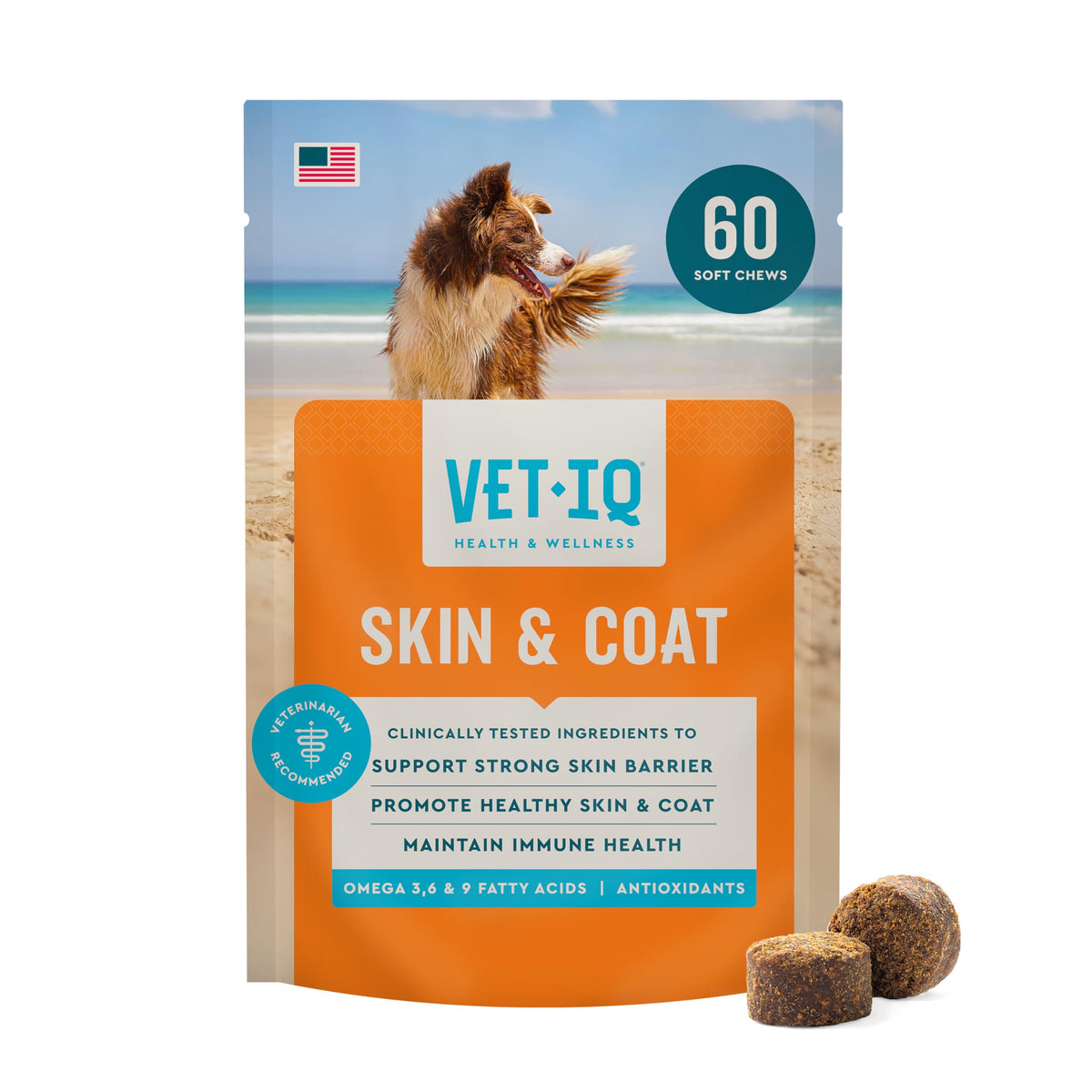 VetIQ Skin & Coat Supplement Chews for Dogs, Hickory Smoke Flavor, 60 Count
