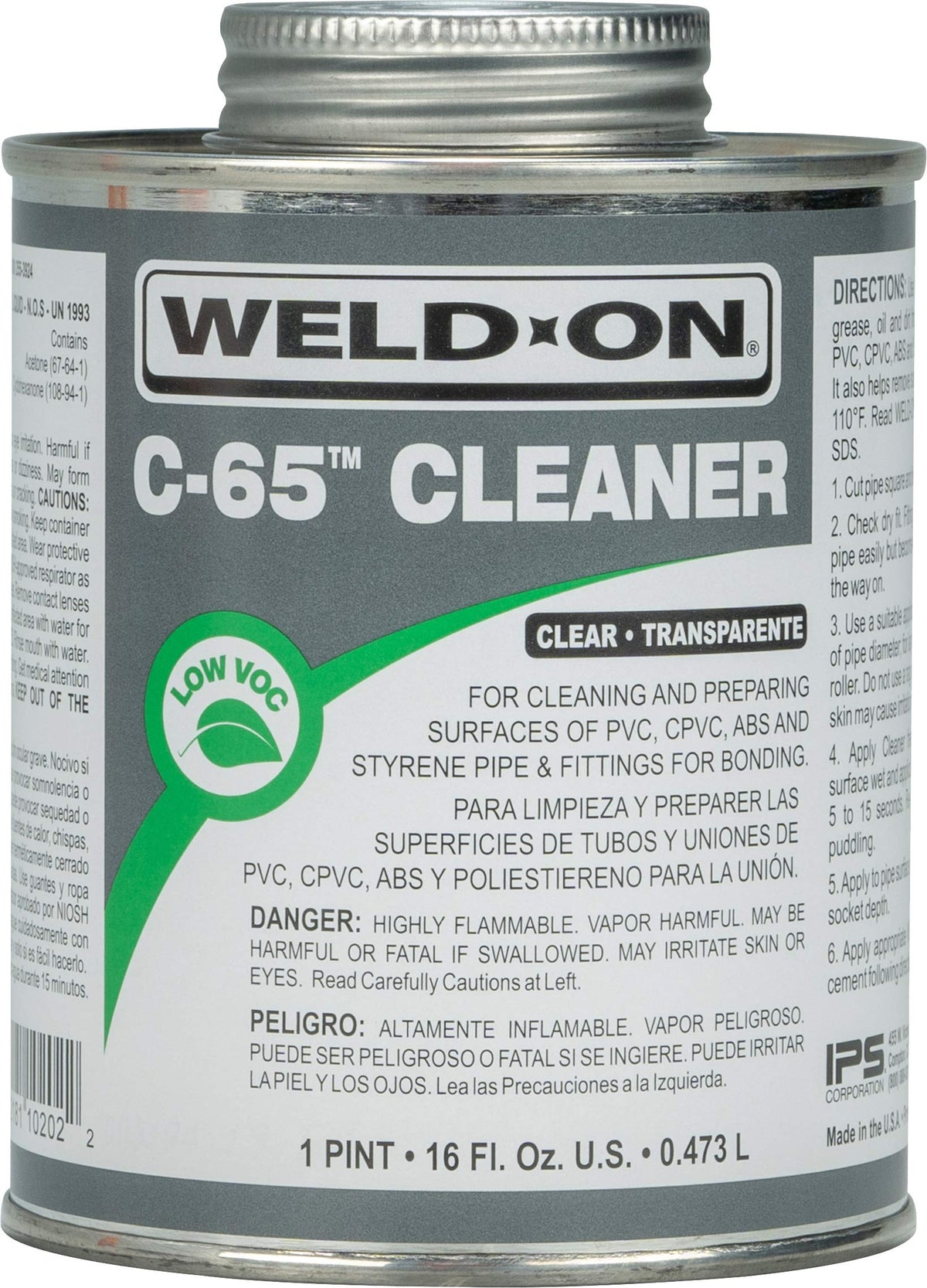Weld-On C-65 Clear PVC, CPVC, ABS & Styrene Pipe Cleaner, 1 Pint