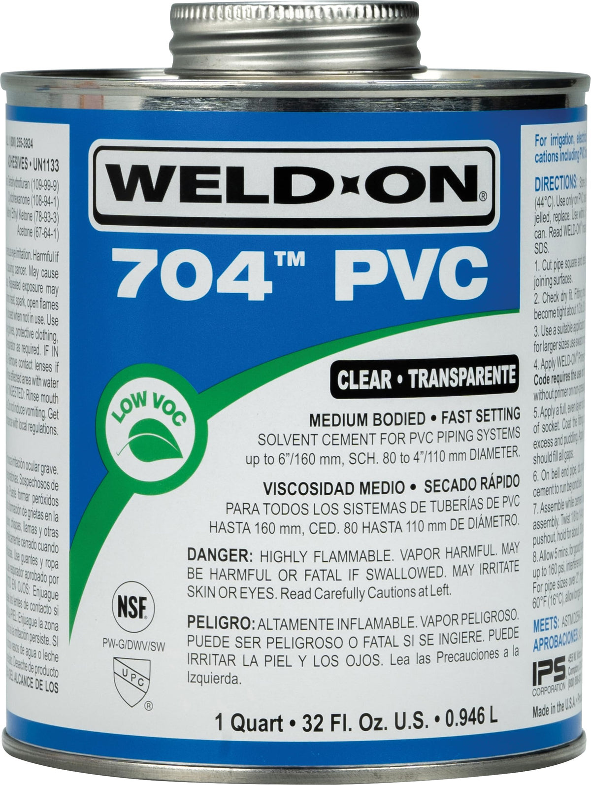 Weld-On 704 Clear Medium Bodied Low VOC PVC Pipe Cement, 1 Quart