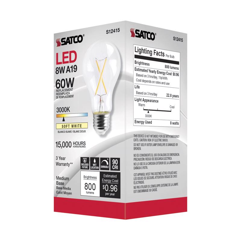 Satco S12415 Filament LED Bulb, 8 Watts, 120 Volt