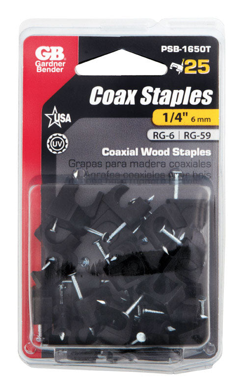 Gardner Bender PSB-1650T Plastic Coaxial Staple, Black, 1/4", Card of 25