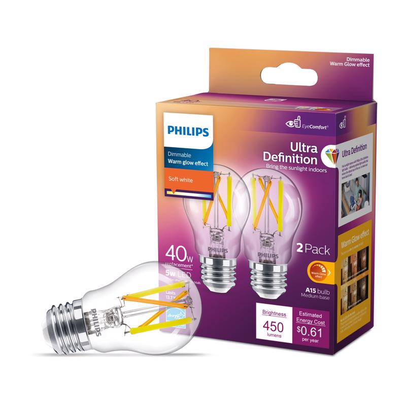 Philips A15 E26 (Medium) LED Bulb Soft White 40 Watt Equivalence 2 pk