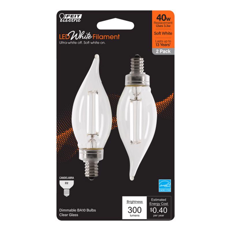Feit Electric BPCFC40927WFIL2 Candelabra Filament LED Bulbs, 3.3 Watts, 120 Volt