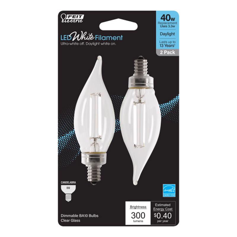 Feit Electric BPCFC40950WFIL2 White Filament Candelabra Filament LED Bulbs, 3.3 Watts, 120 Volt