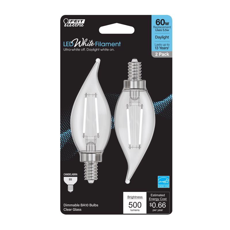 Feit Electric BPCFC60950WFIL2 White Filament Candelabra LED Flame Bulbs, 5.5 Watts, 120 Volt