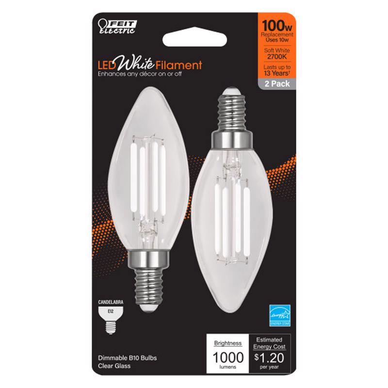 Feit Electric BPCTC100927WFL2 White Filament Candelabra Filament LED Bulbs, 10 Watts, 120 Volt