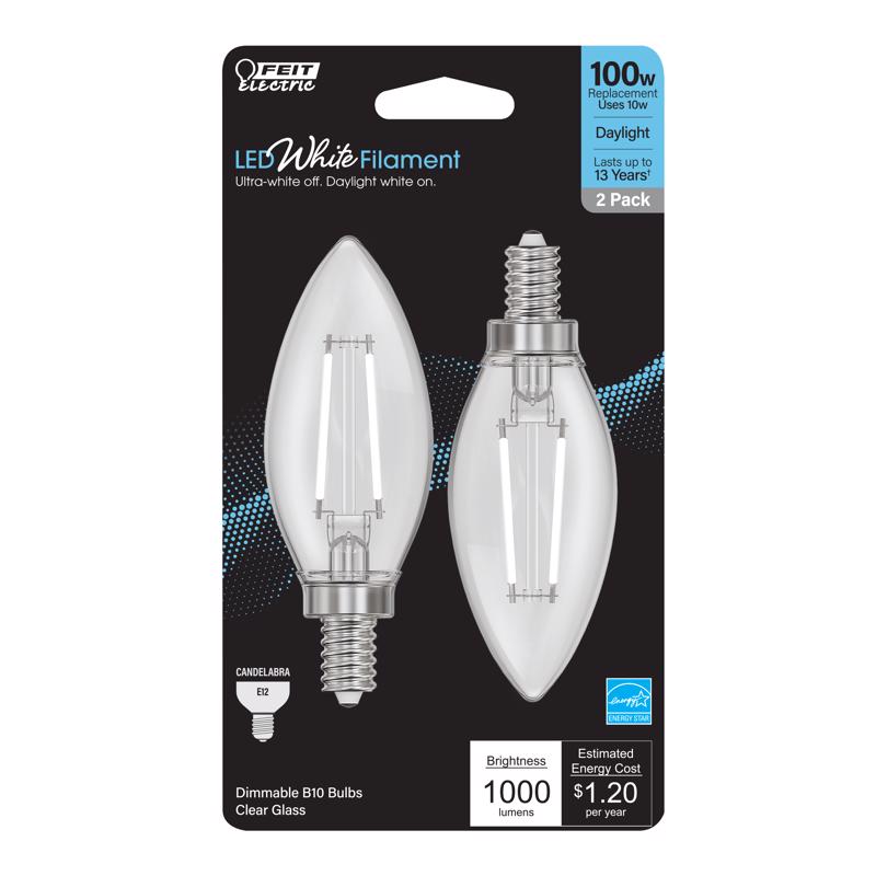 Feit Electric BPCTC100950WFL2 White Filament Candelabra Filament LED Bulbs, 10 Watts, 120 Volt