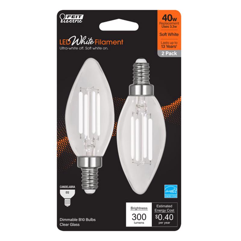 Feit Electric BPCTC40927WFIL2 White Filament Candelabra Filament LED Bulbs, 3.3 Watts, 120 Volt