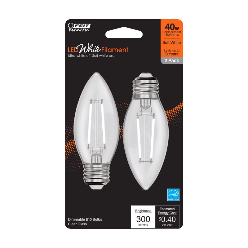 Feit Electric B10 E26 (Medium) Filament LED Bulb Soft White 40 Watt Equivalence 2 pk