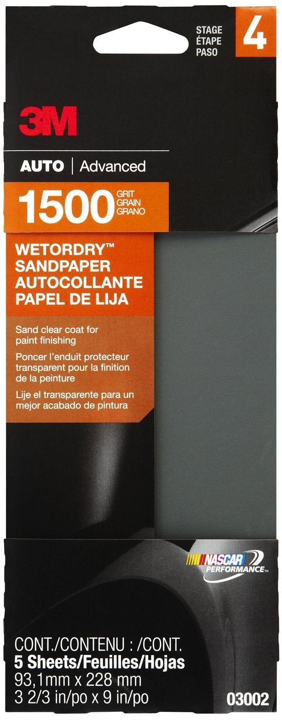 3M 03002 Wetordry Sandpaper, 3-2/3" x 9", 1500 Grit, 5/Pack