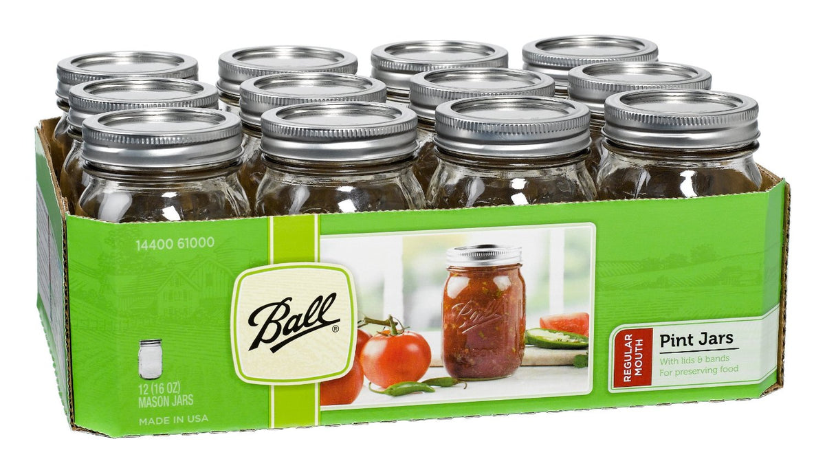 Ball 61000 Regular Mouth Mason Jars, 1 Pint (16 Oz), Box Of 12