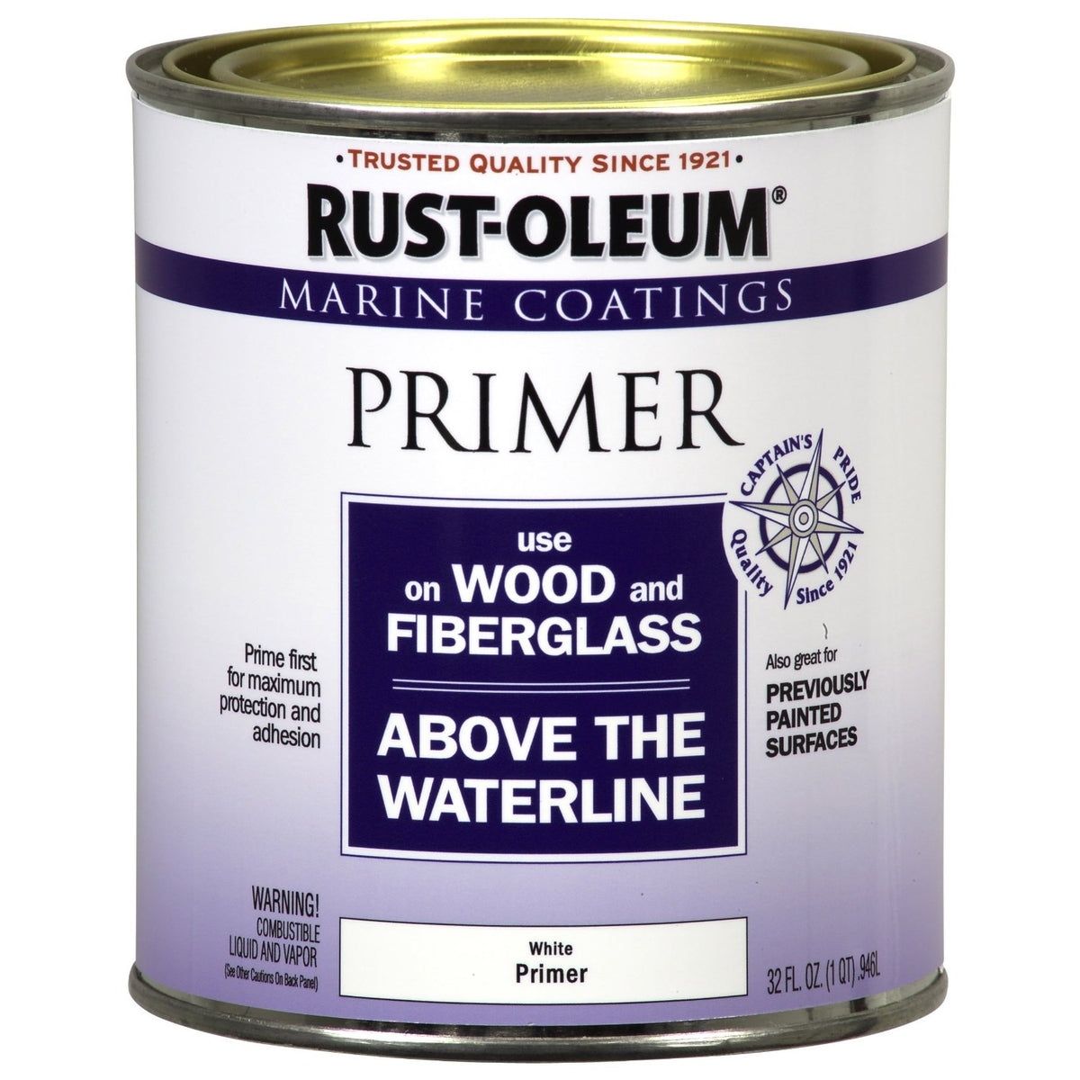 Rust-Oleum 207014 Marine Coatings Wood & Fiberglass Primer, White, 1 Quart