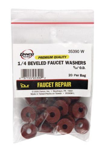 Danco 35390W Faucet Washer, Rubber, Beveled, 1/4", Bag / 20